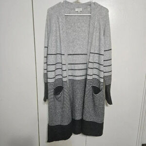 Lucky Brand Stripe Sweater Duster Women's Size Medium Knit Cardigan Pockets Grey
